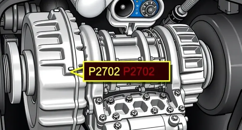 A detailed illustration of a car transmission with a highlighted error code P2702. The transmission components should be clearly visible, with the error code displayed on a diagnostic screen. Focus on technical accuracy and clarity.