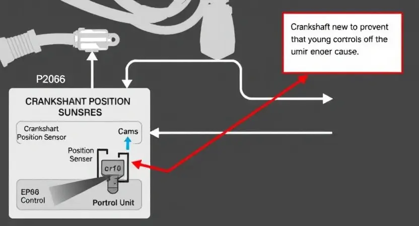 A detailed diagram illustrating the P2066 error in a vehicle's engine control system. The diagram should show the relevant components (e.g., crankshaft position sensor, camshaft position sensor, engine control unit) and the flow of data between them. Highlight the potential causes of the P2066 error with arrows and brief labels. Focus on a clean, technical representation, avoiding overly stylized or artistic elements.