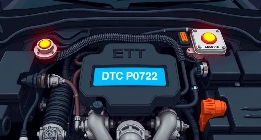 A detailed illustration of a car's engine bay with the check engine light illuminated. Focus on the diagnostic trouble code (DTC) P0722 displayed on a digital dashboard or screen. Include various engine components like the engine block, hoses, and sensors, subtly hinting at potential issues related to the transmission or valve body.