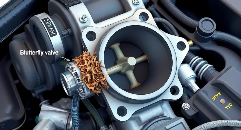 A detailed illustration of a car engine's throttle body with a focus on the debris and dirt buildup on the butterfly valve and surrounding components. The image should highlight the role of grime in causing a P1565 error. The engine should be realistically rendered, with visible textures and metallic surfaces. The lighting should be focused to emphasize the dirt accumulation.