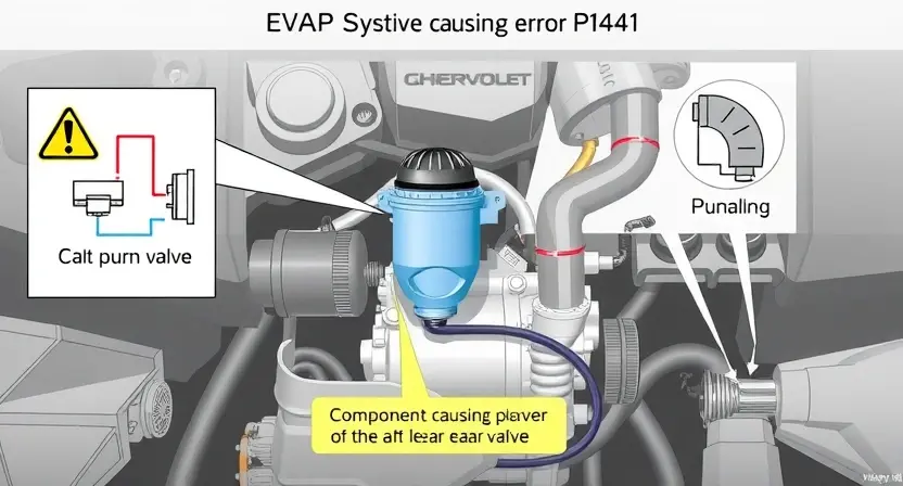 A high-quality technical illustration showing the EVAP system of a GM or Chevrolet vehicle, with emphasis on the component causing error P1441, such as a faulty purge valve or leak in the evaporative emissions control system, surrounded by schematic diagrams and warning symbols, clean technical style, no text or numbers on the image