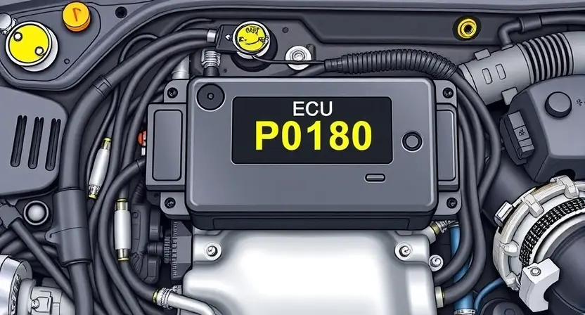 A detailed illustration of an engine control unit (ECU) with various sensors and wiring, highlighting the P0180 error code indicator. The background should be a clean, technical environment.