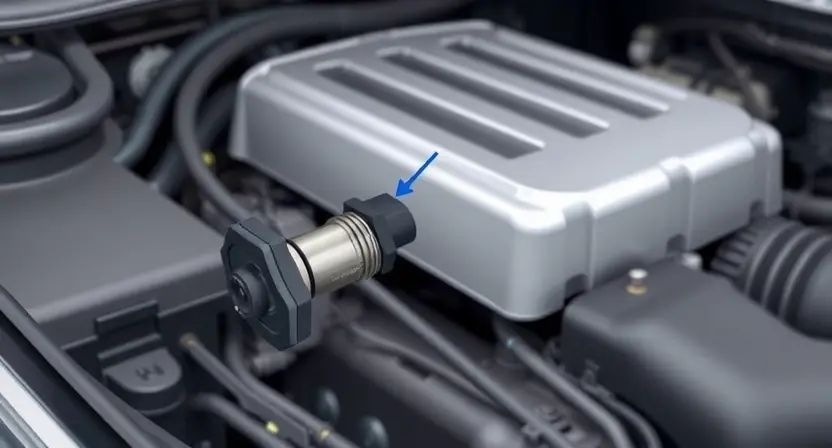 A detailed illustration of a car's engine bay, focusing on the crankshaft position sensor. The sensor should be clearly visible, with wiring and connectors highlighted. The background should be slightly blurred to emphasize the sensor.
