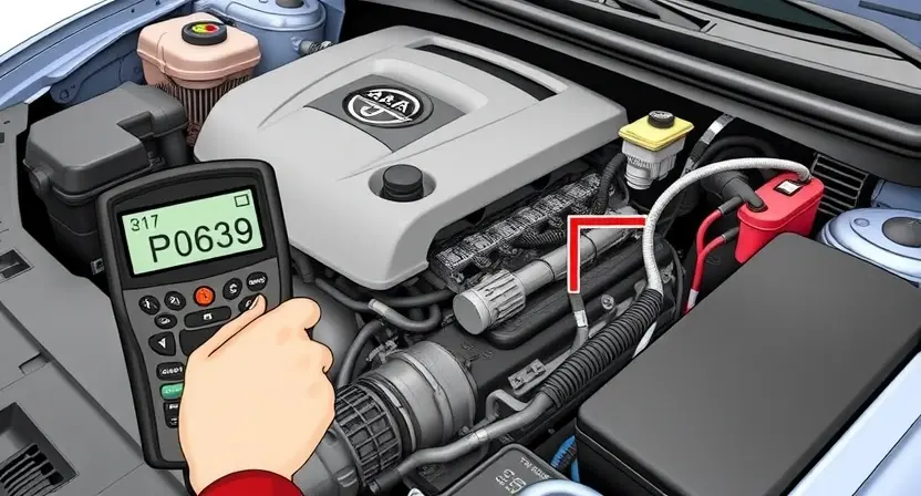 A detailed illustration of a car's engine bay with a diagnostic code reader connected to the vehicle's computer. The code reader should display the P0639 code prominently. Focus on the engine components, wiring, and sensors relevant to the P0639 error.