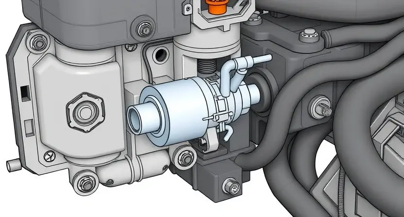A detailed illustration of an ABS (Anti-lock Braking System) module with a highlighted solenoid valve. The image should clearly show the solenoid valve's location within the module and its connection points. Include visual cues indicating a malfunction, such as a slightly damaged or corroded appearance of the solenoid valve. Focus on mechanical aspects, showing the valve's internal components if possible without excessive detail. The background should be a clean, neutral color to emphasize the A