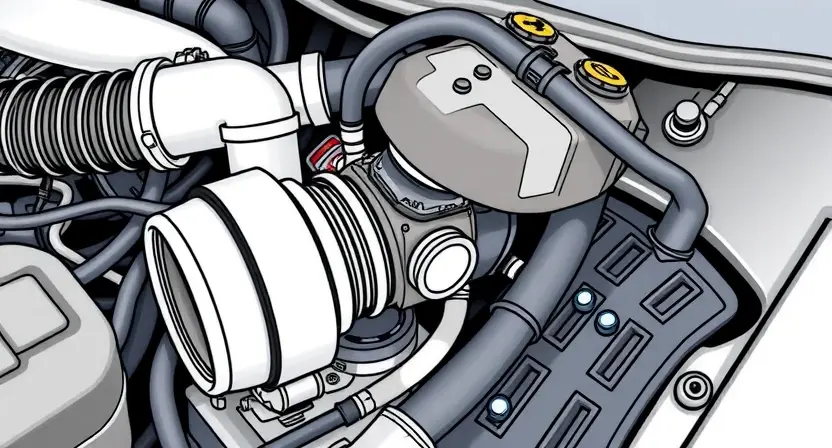 A close-up, detailed illustration of a car's engine bay, focusing on the air intake system and the mass airflow sensor. The sensor should be clearly visible, with surrounding hoses and wiring. The overall scene should convey a sense of automotive diagnostics and repair. The engine bay should be clean and well-lit, highlighting the components.