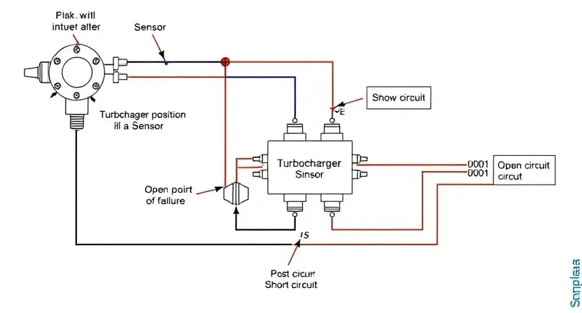 A detailed schematic diagram of a turbocharger actuator position sensor circuit. The diagram should clearly show the sensor, wiring, and potential points of failure (open circuit, short circuit). Include labels for all components and connections. The image should be clean and professional, suitable for technical documentation.