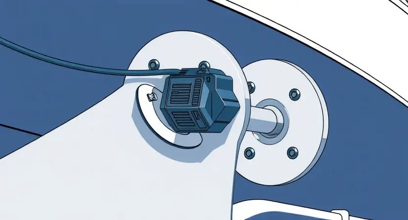A close-up, detailed illustration of a ship's rudders with a sensor attached. The sensor should be clearly visible, and the overall image should convey a sense of maritime technology and precision. Focus on the sensor's connection to the rudder mechanism.