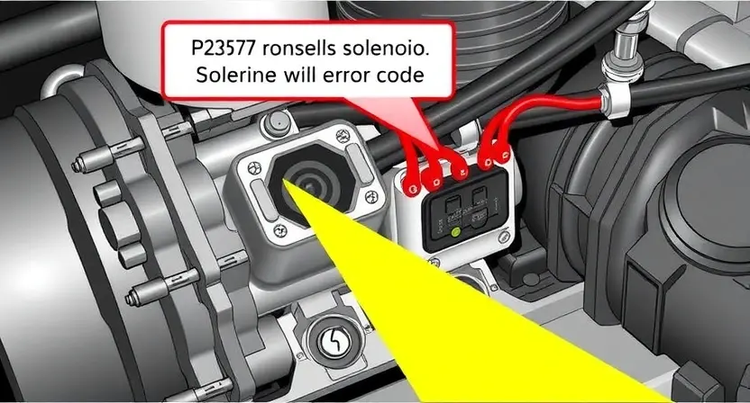 A detailed illustration of a car's transmission system, highlighting a solenoid and its electrical circuit. The image should show the solenoid, wiring, and connections clearly. Focus on the components relevant to the P2757 error code and transmission functionality.
