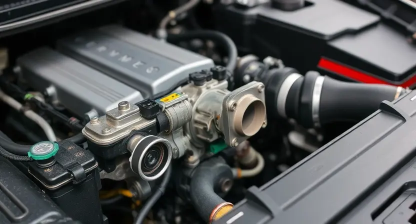 A close-up, detailed image of a car's engine bay, specifically focusing on the throttle body and related components. The engine should be clean and well-lit, showcasing the intricate details of the throttle body's mechanism. Include visible wiring and hoses connected to the throttle body. The overall impression should be one of technical precision and automotive engineering. Focus on the physical parts, not diagrams or illustrations.