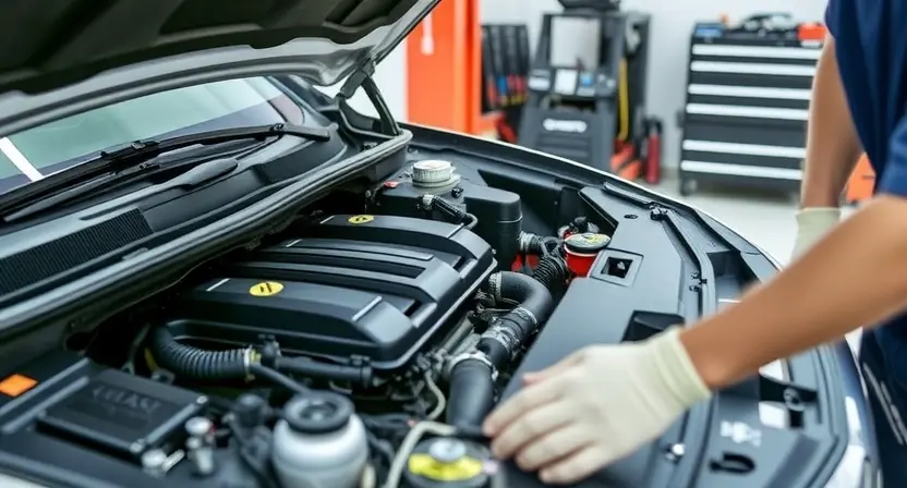 A mechanic is inspecting the engine of a car. The engine is clean and well-maintained. Tools are neatly arranged nearby. The scene is brightly lit in a professional garage setting. Focus on the engine components and the mechanic's hands working on them.