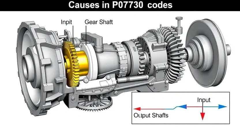 A detailed illustration of a car's transmission system, highlighting the gear ratios and potential causes of a P0730 error code. Include visual representations of the transmission components (gears, shafts, etc.) and a schematic diagram showing the relationship between the input and output shafts. Focus on clarity and accuracy in depicting the mechanical aspects of the transmission.