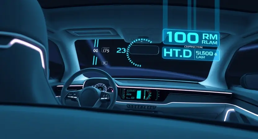 A futuristic car interior with a holographic heads-up display (HUD) projecting information onto the windshield. The HUD should show navigation directions, speed, and other vehicle data. The car should be sleek and modern, with a minimalist design. The lighting should be bright and clean.