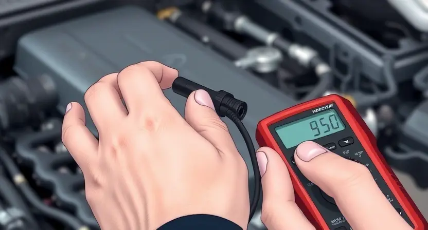 A close-up, detailed illustration of a MAP sensor being inspected. The sensor should be clearly visible, with wires connected. A mechanic's hand is gently holding a diagnostic tool (like a multimeter) near the sensor. The background should be a slightly blurred automotive engine bay. Focus on the sensor and the diagnostic process.