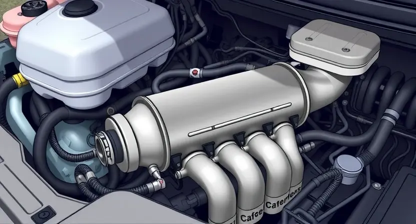 A detailed illustration of an automotive engine bay with a focus on the catalytic converter and associated wiring. The catalytic converter should be clearly visible, with some visual indication of a potential issue (e.g., a slight discoloration or a small visual anomaly). The engine bay should be well-lit and show various components in a realistic manner.