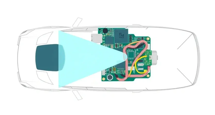 A high-quality technical illustration showing a radar sensor module for blind spot detection in a vehicle, with visible components like circuit boards, sensors, and wiring, set against a clean white background, emphasizing precision and engineering details