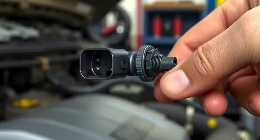 A close-up, detailed illustration of a car's mass airflow sensor (MAP sensor) being inspected by a mechanic. The sensor should be clearly visible, with wires connected. The background should show a blurred automotive repair shop environment with tools and equipment. Focus on the sensor's components and connections.