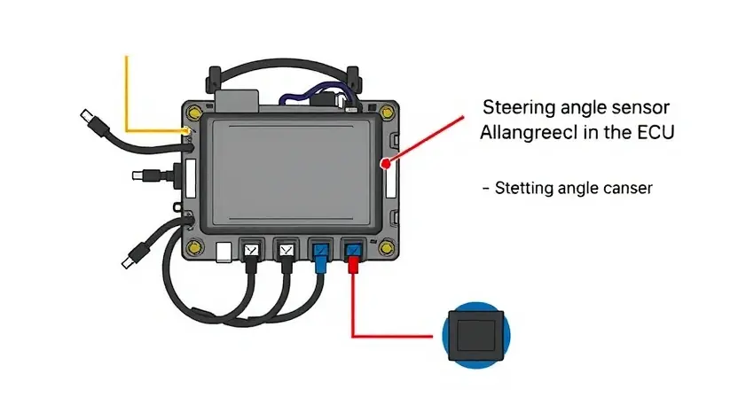 A detailed illustration of a car's engine control unit (ECU) connected to various sensors and actuators via wiring harnesses. The image should highlight the wiring connections and the ECU's internal components. Focus on the area related to the steering angle sensor and its connection to the ECU. The overall composition should be clean and informative, suitable for a technical diagram. The background should be a neutral color.