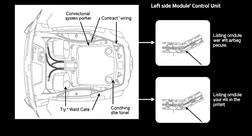 A detailed diagram of a car's airbag system, specifically highlighting the left side module and its connection to the vehicle's control unit. Use clear, technical illustrations to show the wiring and components involved. Focus on the physical connections and the module's location within the vehicle's structure.