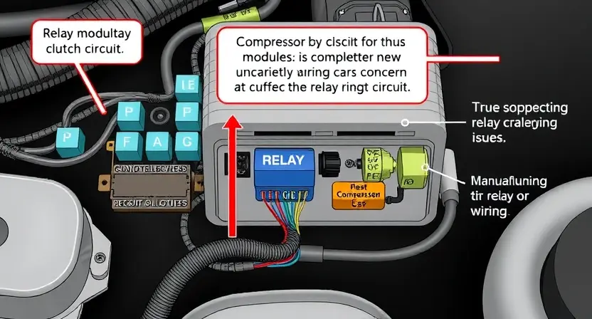 A detailed illustration of a car's relay module and its connection to a compressor clutch circuit. Focus on the components, wiring, and potential areas of concern related to a high signal level. Include visual cues suggesting a malfunctioning relay or wiring issue.