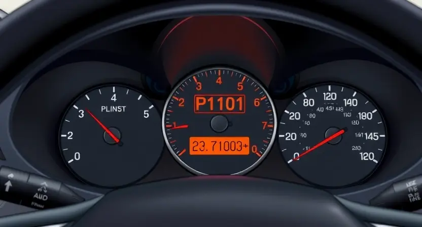 A detailed illustration of an Opel or Chevrolet car's dashboard, highlighting the P1101 error code indicator. The dashboard should be realistically rendered, showing various gauges and controls. The error code indicator should be clearly visible and illuminated.
