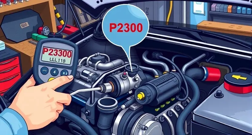 A detailed illustration of a car engine with a highlighted ignition coil and spark plug, showing the components involved in the P2300 error code. The image should depict a mechanic using a diagnostic tool to check the engine, with a focus on the ignition system. The scene should be set in a well-lit garage with various automotive tools and equipment in the background.