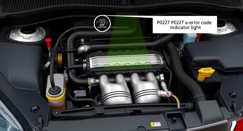 A detailed illustration of a car's engine bay with a focus on the catalytic converter and associated wiring. The image should clearly show the P0227 error code indicator light illuminated on the dashboard.