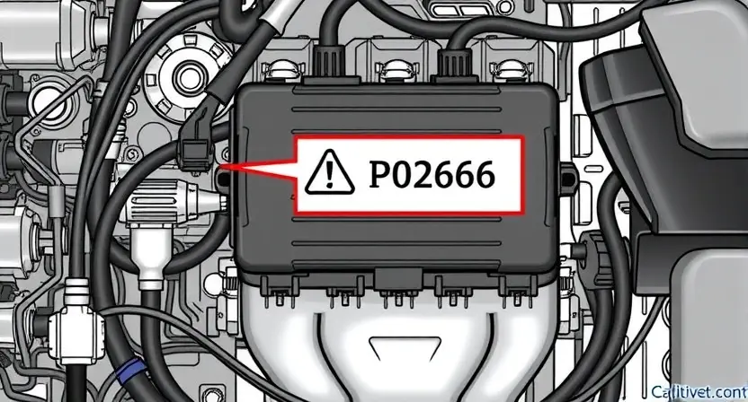 A detailed illustration of an engine control unit (ECU) with various sensors and wiring, highlighting the P0266 error code. The background should be a clean, technical environment.
