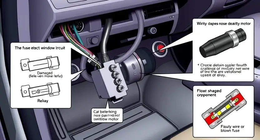 A detailed illustration of a car's electrical system, focusing on the power window circuit. Include wiring diagrams, a damaged component (e.g., a faulty relay or motor), and a visual representation of the problem (e.g., a broken wire or a blown fuse). The scene should be realistic and informative, suitable for a repair manual or technical documentation.