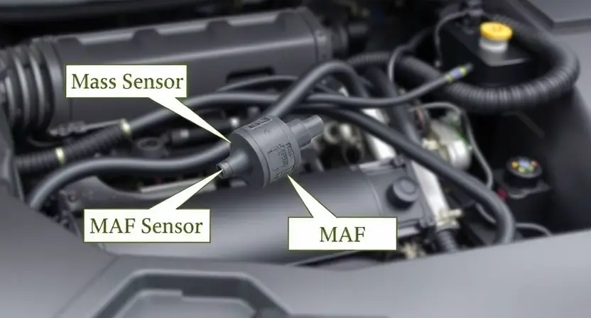 A detailed illustration of an automotive engine bay, focusing on the Mass Air Flow (MAF) sensor. The sensor should be clearly visible, with labels indicating its function. Include wiring and connections relevant to the sensor. The background should be slightly blurred to emphasize the sensor.