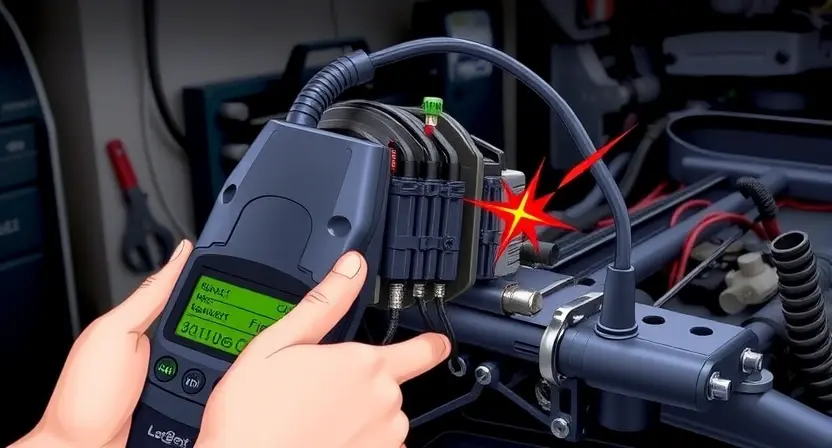 A detailed illustration of a car's front left wheel speed sensor and its wiring circuit, showing a mechanic inspecting the sensor and the surrounding connectors with a diagnostic tool, highlighting the faulty area with subtle visual cues like a faint red glow or broken line, set against a realistic garage background with tools and a vehicle chassis visible, focusing on the mechanical components without any textual labels.