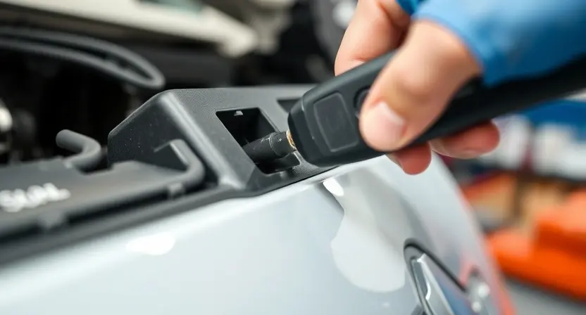 A close-up, detailed image of a car's diagnostic port with a mechanic's hand inserting a diagnostic tool. Focus on the port and the tool, highlighting the connection. The background should be blurred, suggesting a garage environment.