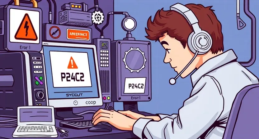 A detailed illustration of a technical support scene showing a person analyzing a computer system with warning symbols, gears and diagnostic tools, representing the troubleshooting of error P24C2, focusing on problem solving and repair, with no textual elements