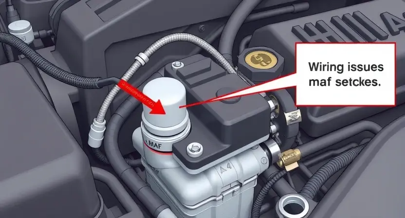 A close-up, detailed illustration of an automotive engine bay. Focus on the mass airflow sensor (MAF sensor) and its associated wiring harness. Show a visual representation of a wiring issue, perhaps a slightly frayed or damaged wire near the sensor. The engine should appear clean and modern.