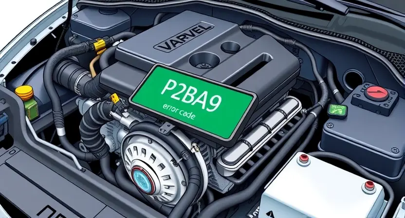 A detailed illustration of a car engine with a highlighted error code P2BA9 displayed on a diagnostic screen. The engine should be realistically rendered, showing various components like pistons, valves, and sensors. The diagnostic screen should clearly show the P2BA9 code and some related information.