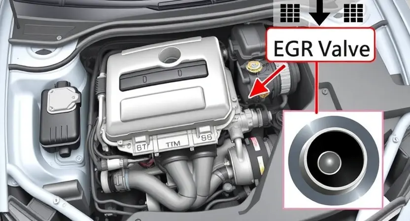 A detailed illustration of a car engine with a highlighted exhaust system and EGR valve. The engine should be clean and well-lit, showcasing the components clearly. Arrows should point to the EGR valve and exhaust system, indicating the flow of gases. Focus on the technical aspects of the system.