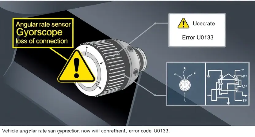 A high-quality technical illustration showing a vehicle's angular rate sensor (gyroscope) with a warning sign indicating loss of connection, surrounded by schematic diagrams of wiring and error code U0123, clean lines, professional engineering style, no text or numbers on the image