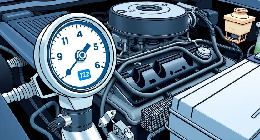 A detailed illustration of a car engine with a temperature gauge showing a lower-than-normal reading. The engine should be depicted with visible components like the thermostat, coolant hoses, and radiator. The image should convey the concept of insufficient engine temperature, possibly with a slight blue tint to emphasize the cold condition.