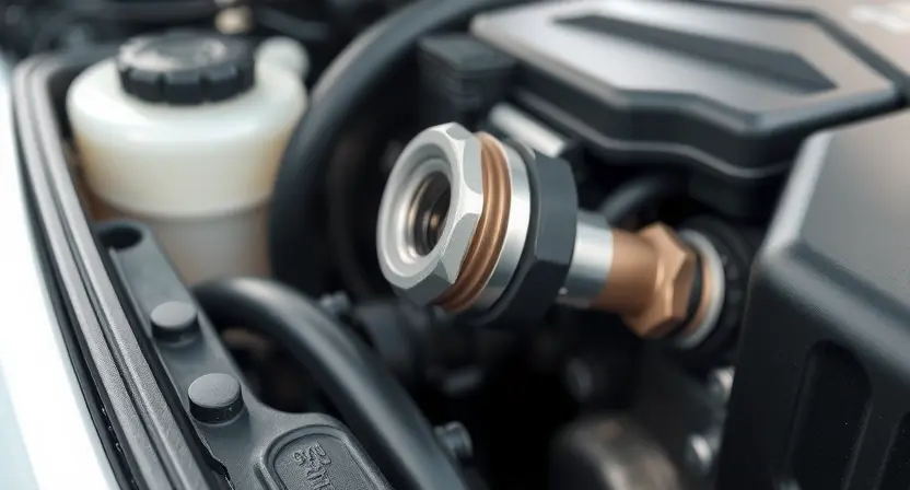 A close-up, detailed illustration of a car engine with a focus on the oxygen sensor. The sensor should be clearly visible, with surrounding engine components subtly in focus. The overall lighting should be bright and clean, highlighting the sensor's details.
