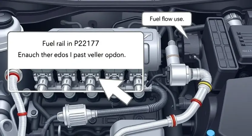 A detailed illustration of a car's fuel system components, highlighting the P2177 error code. Show a fuel rail, fuel injectors, fuel pressure sensor, and related wiring. Include visual cues representing fuel flow and pressure. The background should be a clean, technical environment, possibly a workshop setting.