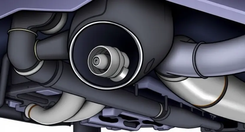 A close-up, detailed illustration of a car's exhaust system, specifically focusing on the oxygen sensor located in the first exhaust bank. The sensor should be clearly visible, along with surrounding pipes and components. The image should convey a sense of automotive mechanics and diagnostics.