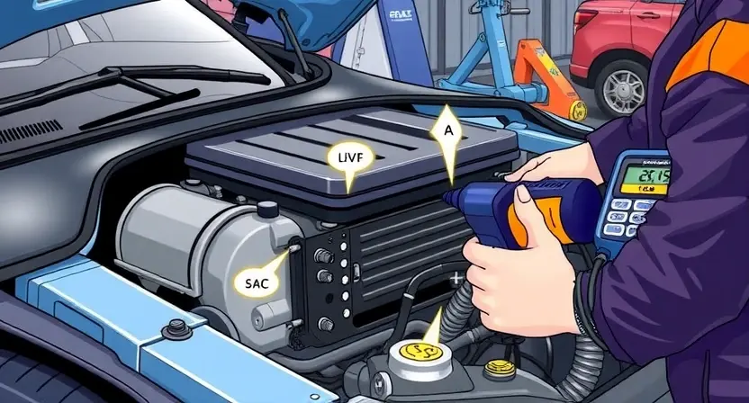A detailed illustration of a car engine with highlighted cooling system components, including the temperature sensor, radiator, and coolant hoses. The image should depict a diagnostic process with a mechanic using a diagnostic tool connected to the car's OBD-II port. The scene should be set in a well-lit garage with various automotive tools and equipment in the background.
