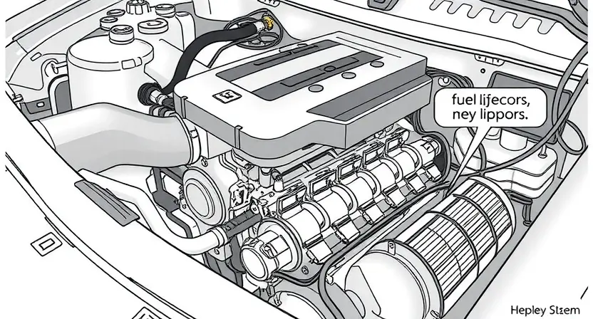 A detailed illustration of an automotive engine bay, focusing on the fuel system components. Include a close-up of the mass airflow sensor, fuel injectors, and the intake manifold. Show wiring harnesses and hoses connecting these parts. The engine should be partially visible, suggesting a modern gasoline engine.