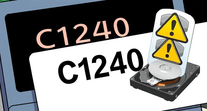 A detailed illustration of a computer error message displaying 'C1240' with a visual representation of the underlying issue, such as a hard drive or storage device with a warning symbol.
