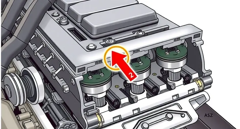A detailed illustration of an engine block with a highlighted cylinder #2, showing a potential issue related to fuel or spark. Include visual cues representing a misfire or low compression. Focus on mechanical components like pistons, valves, and intake/exhaust manifolds.