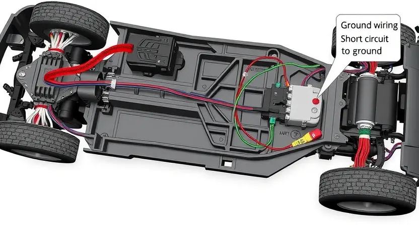 A detailed diagram illustrating a vehicle's electrical system, specifically highlighting the ground wiring and a potential short circuit to ground. Show a car chassis with visible wiring harnesses, focusing on a section where a wire is directly connected to the metal frame. Use color-coding to differentiate between positive and negative wires. Include visual cues indicating a short circuit, such as sparks or heat discoloration near the connection point. The background should be a clean, neutral