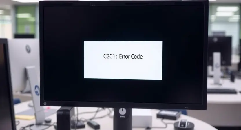 A computer screen displaying an error message "C2201: Error Code" with a red exclamation mark. The background should be a blurred office environment with a desk and computer equipment.