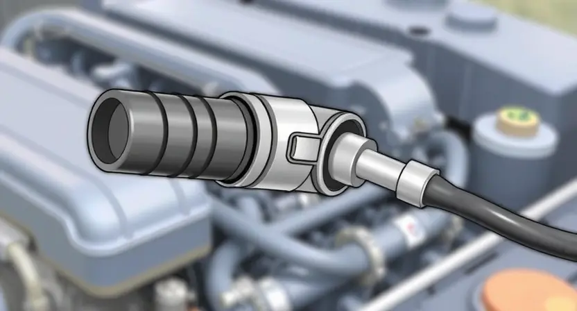 A close-up, detailed illustration of an engine's oxygen sensor. The sensor should be clearly visible, with its wiring and connection points highlighted. The background should be a slightly blurred view of an engine compartment, suggesting a car. Focus on the sensor's physical characteristics – its shape, material, and any identifying marks.