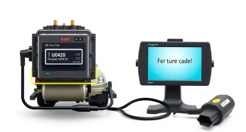A high-quality technical illustration showing a car engine control module with highlighted electronic control unit, diagnostic tools, and error code U0420 displayed on a digital screen, clean white background, professional lighting, no text or numbers on image