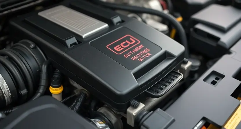 A close-up shot of a car's engine bay, focusing on the engine control unit (ECU) and related sensors. The engine should appear clean and well-maintained. Subtle visual cues indicating a potential issue (e.g., a slightly loose wire, a sensor with a minor discoloration) can be included without being overly dramatic. The background should be slightly blurred to emphasize the engine components.